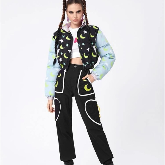 Star Moon Color-block Cropped Puffer Jacket Coat - Picture 8 of 11